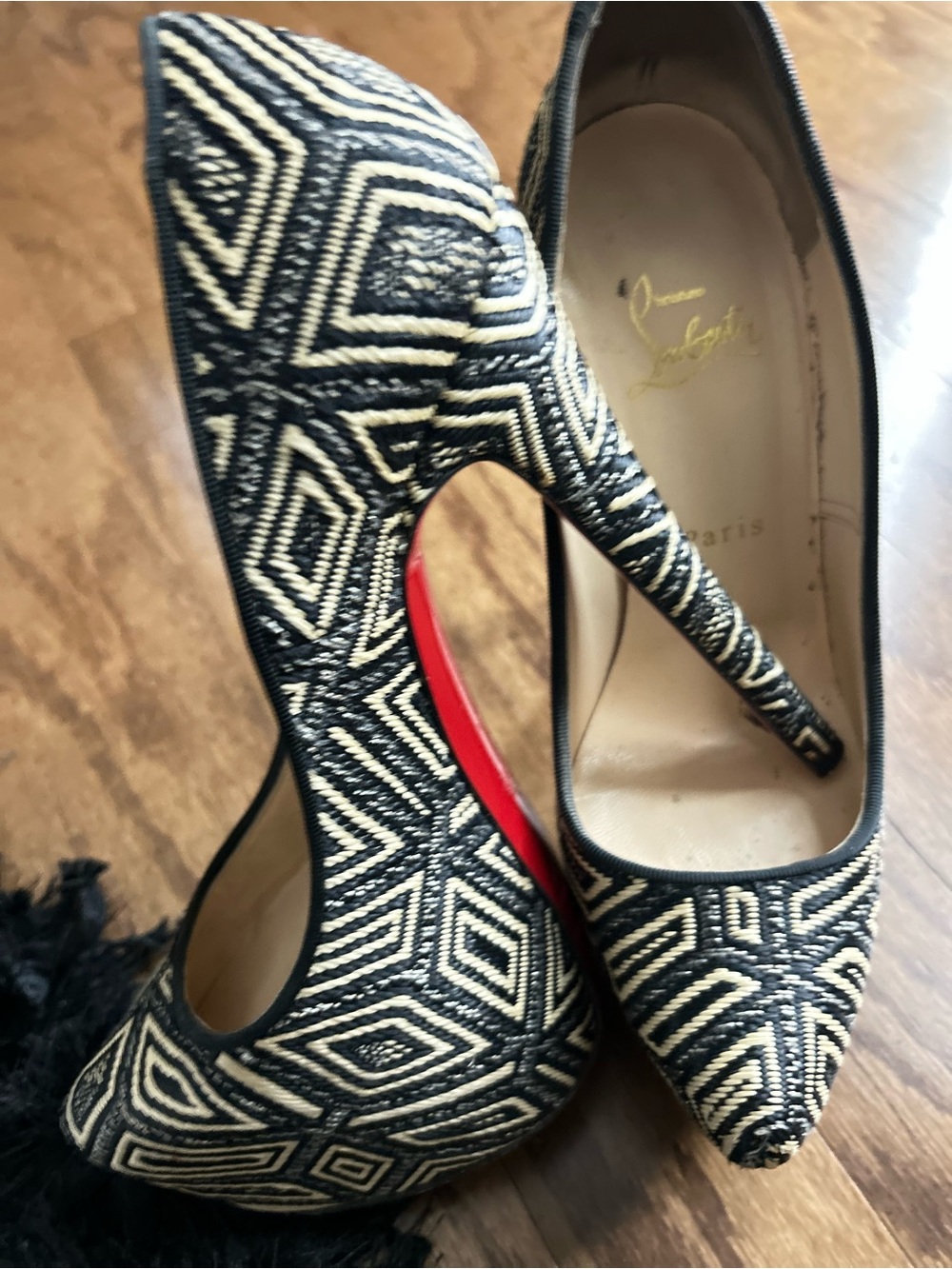 Christian Louboutin Black and Cream Geometric Pointed-Toe Pumps with Red Sole